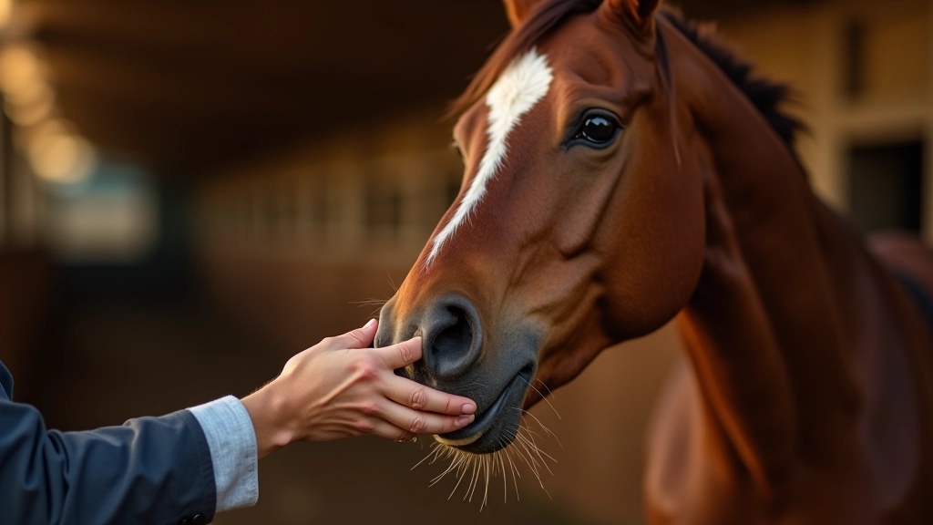 يد شخص تقدم علف الخيل بعناية، فرس بني يأكل من يده، إضاءة طبيعية ذهبية، استقرار نظيف